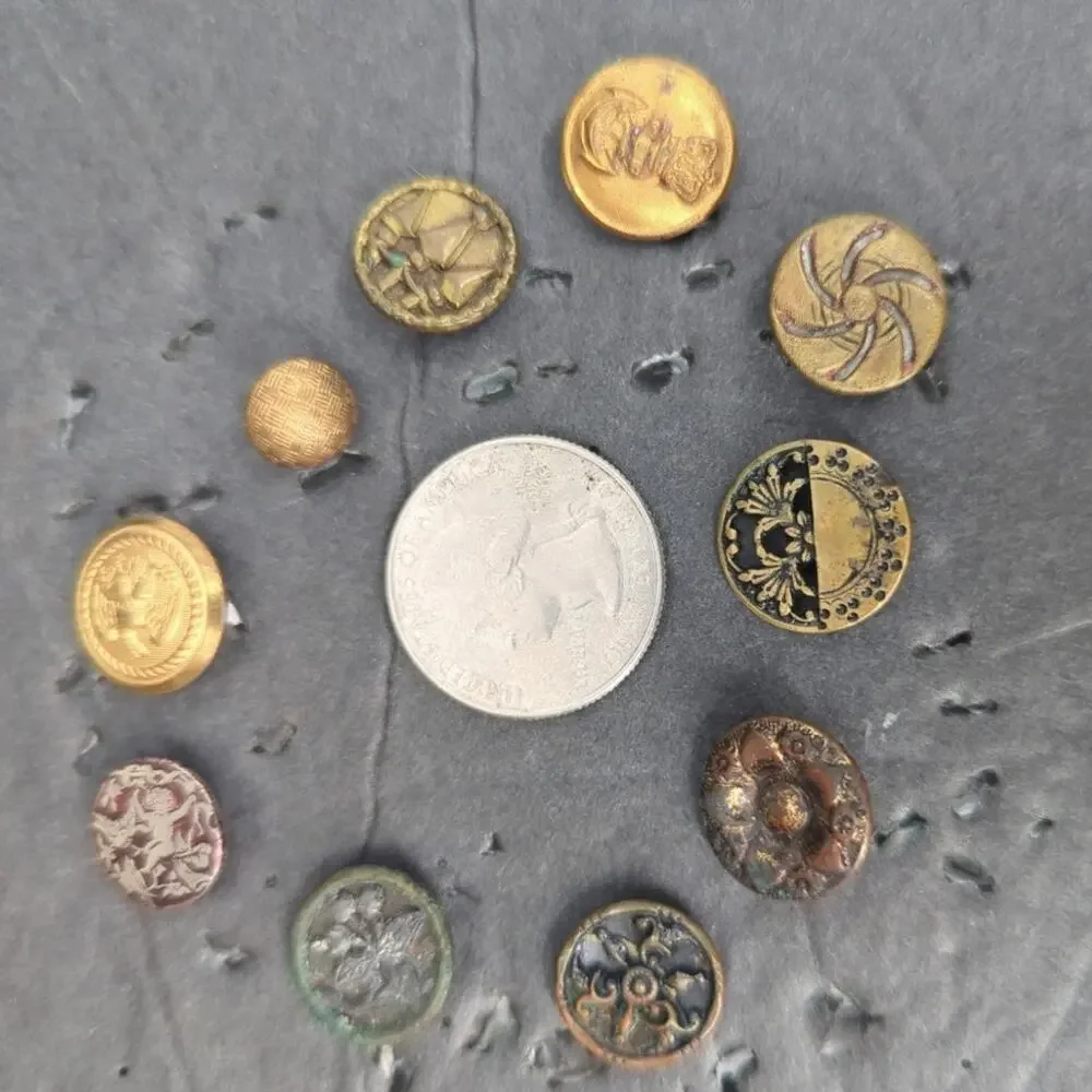 LOT N of 10 Antique Vintage Victorian Brass Mixed Materials Buttons ESTATE FIND